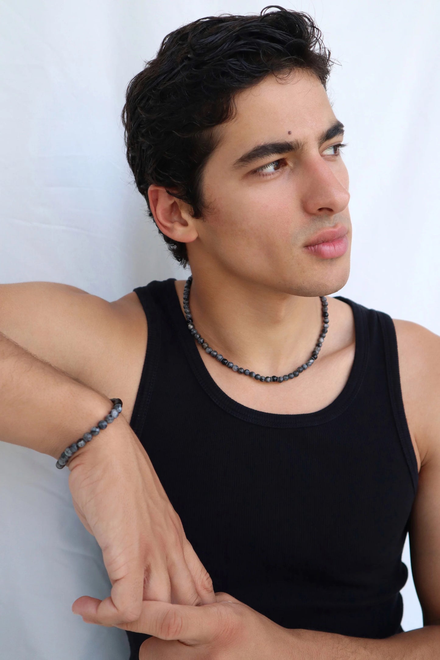 Mens Labradorite & Onyx beaded Bracelet | 925 Sterling Silver | Protection & Intuition