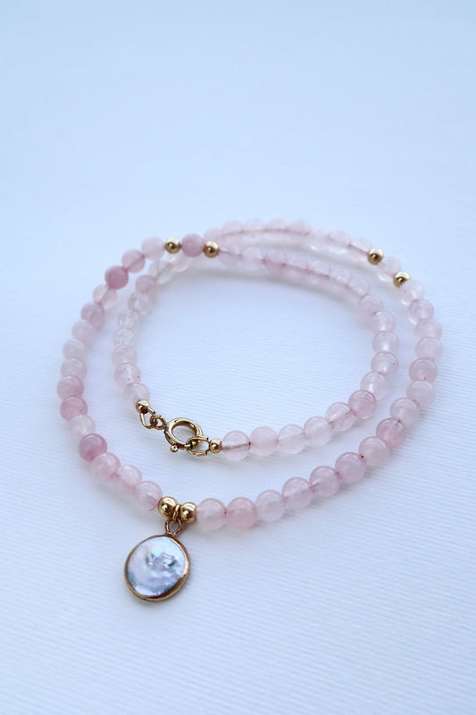 Rose Quartz Necklace with Mother of Pearl Pendant | Love & Emotional Healing