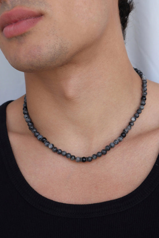 Mens Labradorite & Onyx beaded Necklace | Protection & Intuition