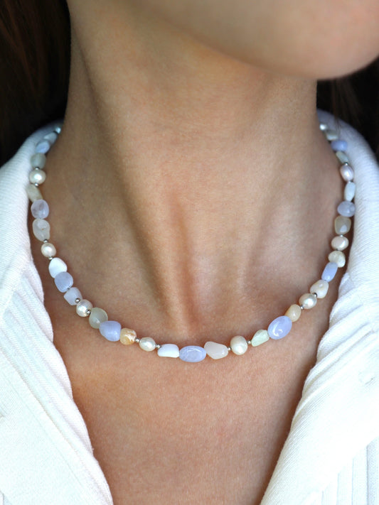 Blue Lace Agate & White Opal Necklace | Communication & Clarity