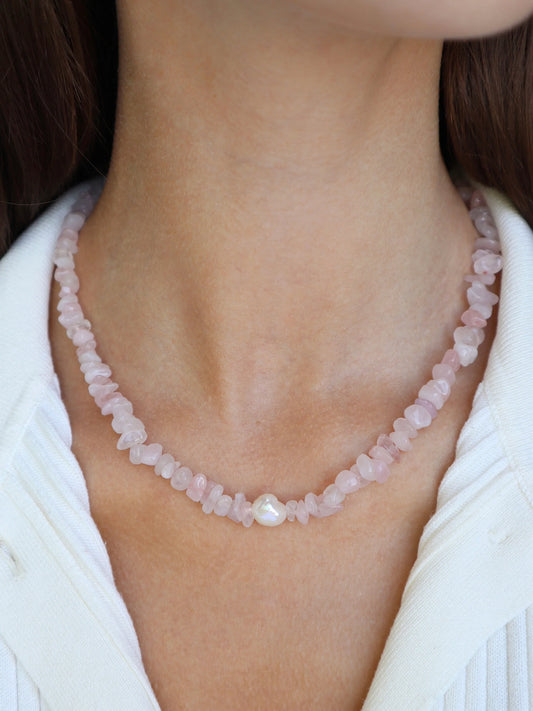 Rose Quartz Necklace | Freshwater Pearl | Love & Grace