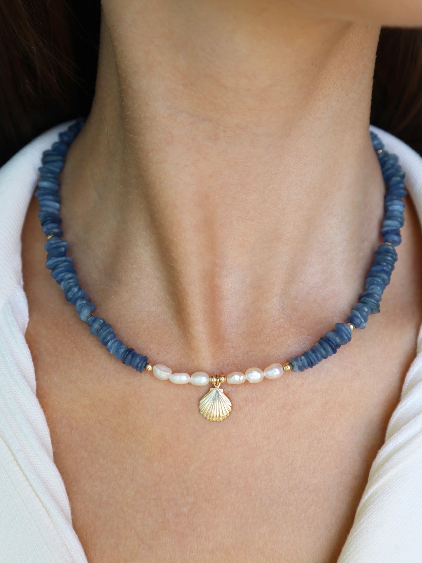Kyanite Necklace | Freshwater Pearl | Shell Pendant | Clarity & Grace