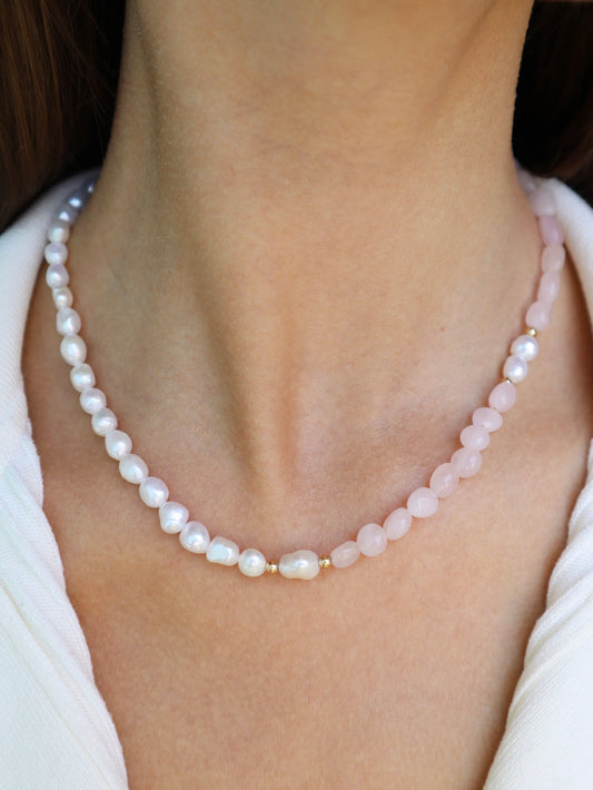 Rose Quartz Necklace | 14k Gold-Filled | Freshwater Pearl | Love