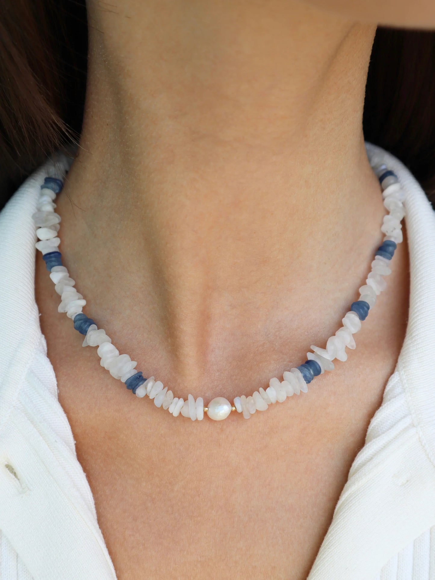 Blue Moonstone & Kyanite Necklace | Freshwater Pearl | Clarity & Intuition