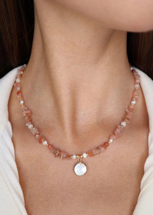 Red Aventurine Necklace | Freshwater Pearls | Mother of Pearl Pendant | Courage & Grace