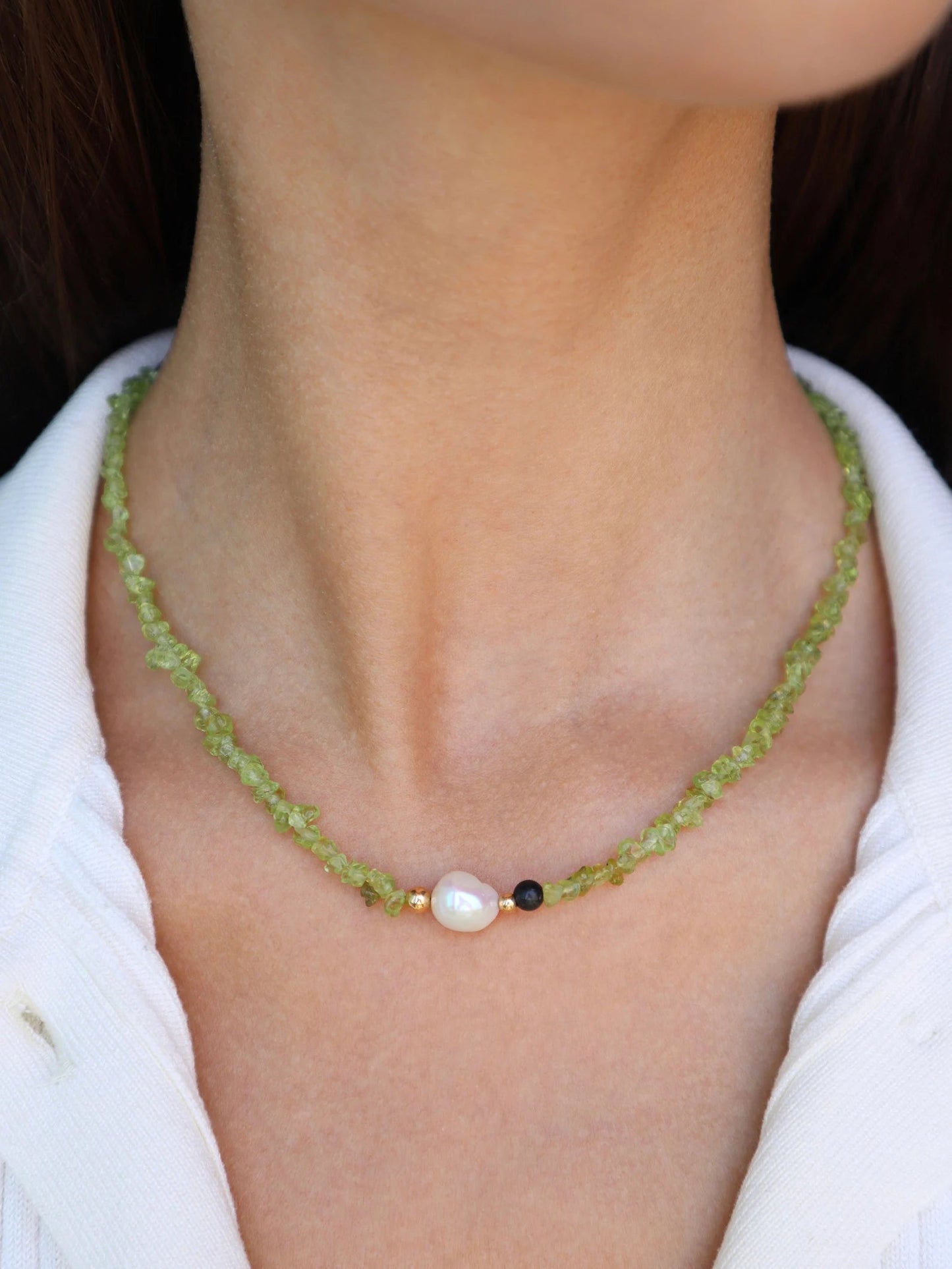Peridot Necklace | Freshwater Pearl | Indian Agate Detail | Growth & Protection
