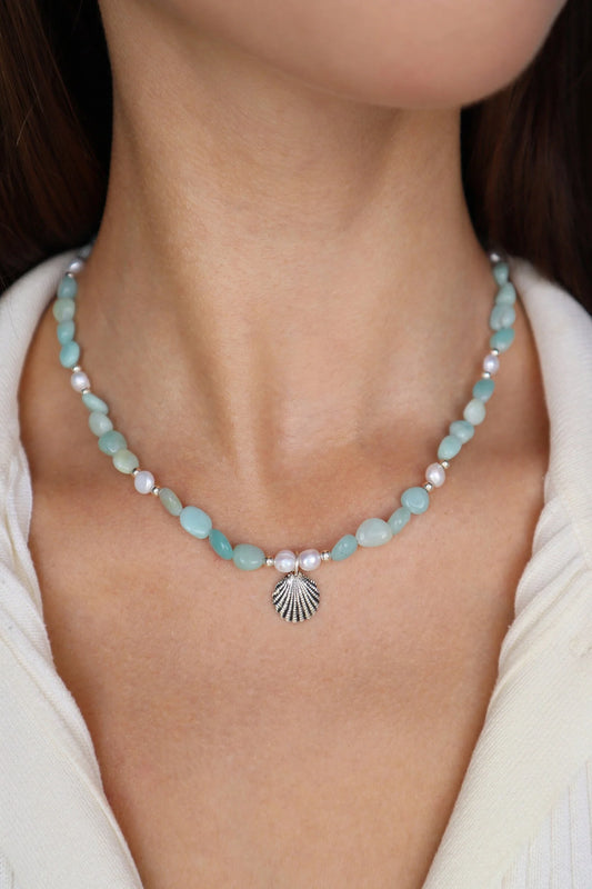Amazonite Necklace | Freshwater Pearl Shell | Truth & Calm