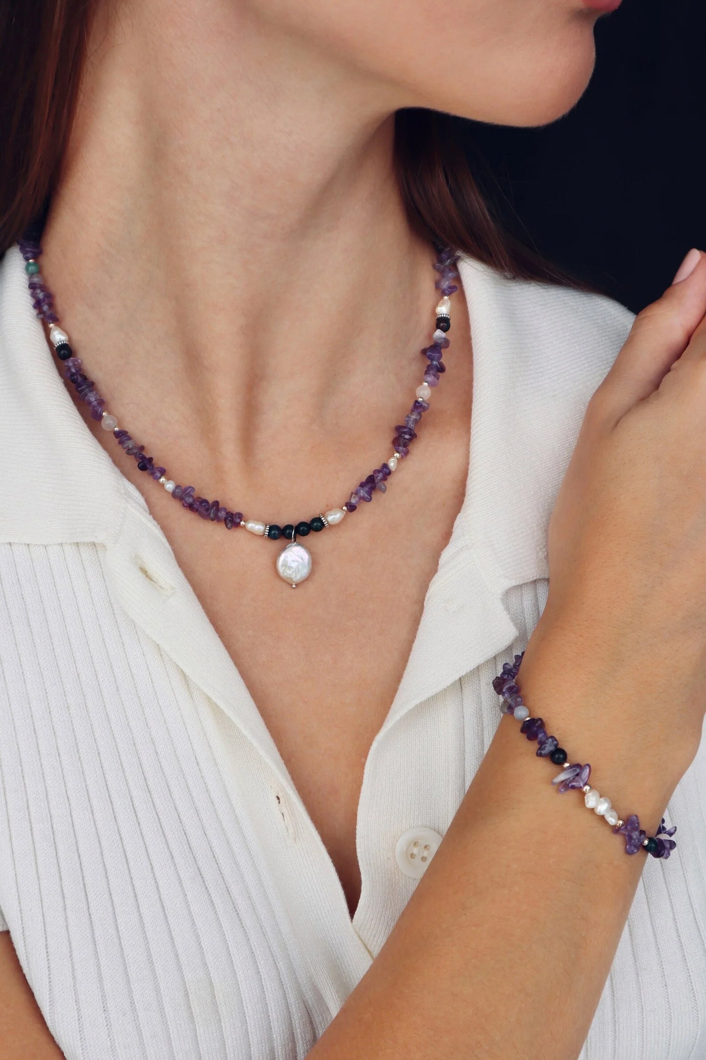 Amethyst & Indian Agate Bracelet | Freshwater Pearls | Emotional Stability & Spiritual Awareness