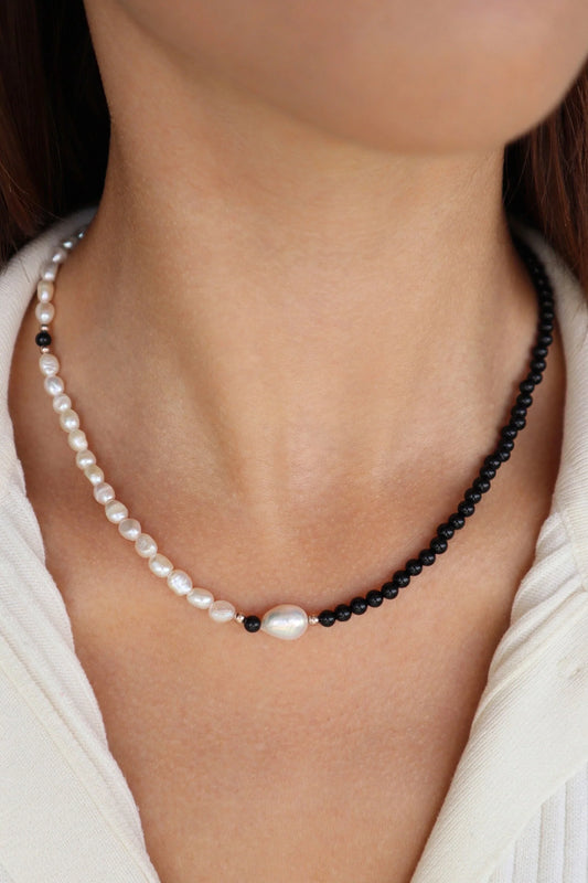 Onyx & Freshwater Pearl Necklace | Protection & Emotional Balance
