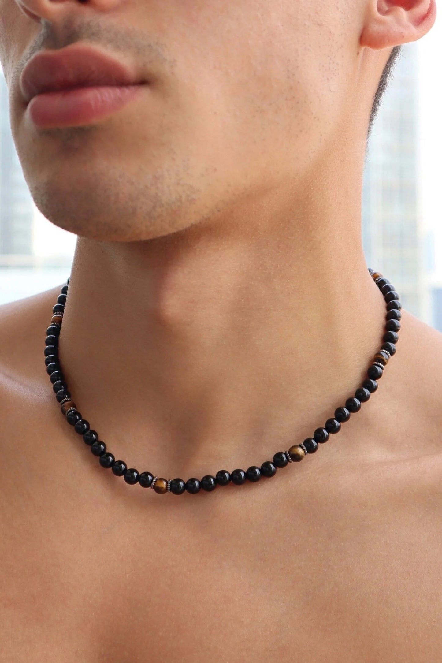 Mens Tiger’s Eye & Onyx beaded Necklace | Confidence & Protection