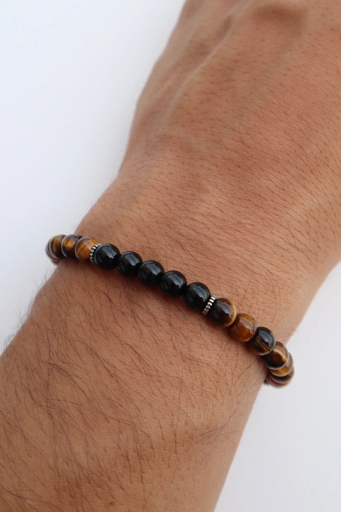 Mens Tiger’s Eye & shiny Onyx beaded Bracelet | Confidence & Protection