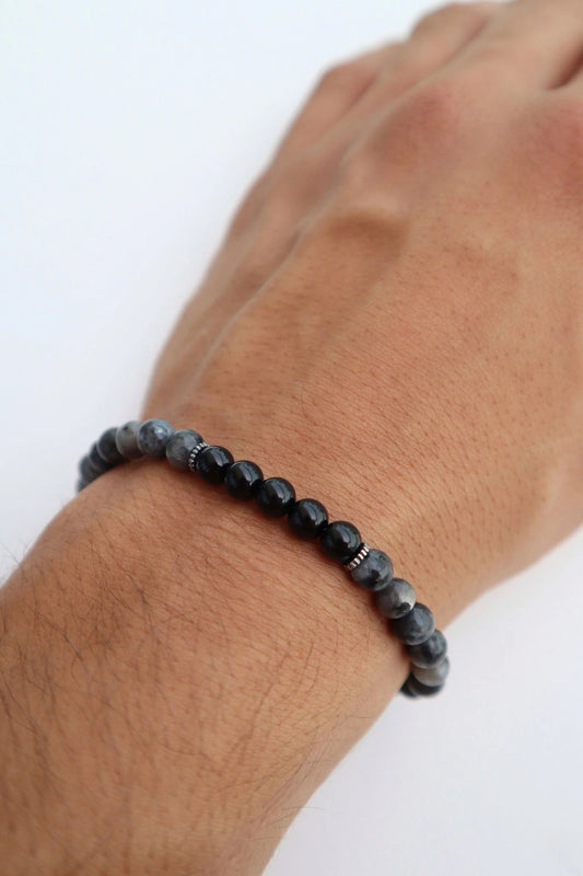 Mens Labradorite & Onyx beaded Bracelet | 925 Sterling Silver | Protection & Intuition